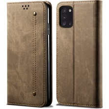 Seashell Digital Samsung Galaxy A31-KHAKI Için Jeans Kumaş Deri Cüzdan Cep Telefonu Kapağı (Yurt Dışından)