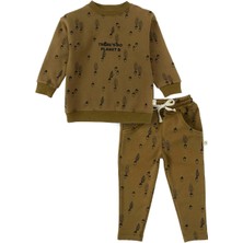 Erkek Çocuklar İçin Little Gusto Haki Fındık Desenli Organik Pamuk Eşofman Takımı 1-2 Yaş