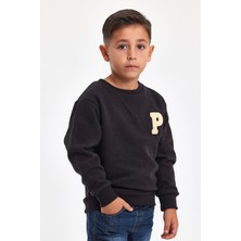 Mrs & Kids 3D Nakışlı  Füme Yünlü Ve Pamuk Kışlık Bisiklet Yaka Çocuk Erkek Sweatshirt