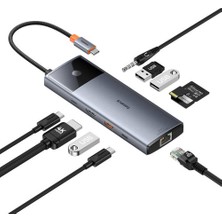 Baseus Metal Gleam Iı Serisi 10in1 4K@60HZ Usb-C HDMI Adaptörü, USB-A(10GBPS),2XUSB-A,USB-C,USB-C(PD),RJ45,SDTF,3,5MM Mini Jak