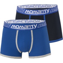 Momanty Sportif Erkek Boxer 2'li Paket Çift Katmanlı Jile Arka ve Yan Dikişsiz Mikro Kemerli Likralı Pamuk Lacivert - Saks