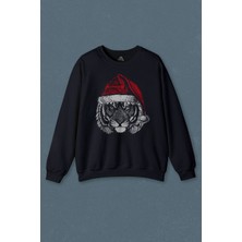 So Cool Lacivert Sweatshirt Tiger Wild Cat Kaplan Fesli Noel Şapkali Yılbaşı Christmas Baskılı Unisex Sweat