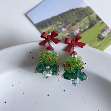 Kırmızı Fiyonklu Yeşil Yılbaşı Ağacı Küpe (Yurt Dışından)
