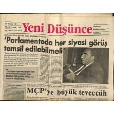 Gökçe Koleksiyon Yeni Düşünce Gazetesi 20 Eylül 1991 - Müftüoğlu Ameliyat Oldu - Mçpye Büyük Teveccüh GZ122725