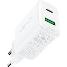 Acefast Duvar Şarj Cihazı Hızlı Şarj Type-C ve Usb-A Seyahat Şarj Cihazı PD20W Şarj Kafa (1xusb-C+1xusb-A) Eu USB C Şarj Başlık Beyaz Renk A25