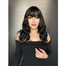 Kuaför Suzan Dalgalı Kısa Perçemli Fiber Sentetik Peruk - Koyu Kestane