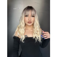 Kuaför Suzan Dalgalı Kısa Perçemli Fiber Sentetik Peruk - Kahve / Platin Ombreli