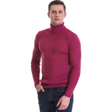 Hatem Saykı Fuşya Slim Fit Fitilli Balıkçı Yaka Yünlü Triko Kazak