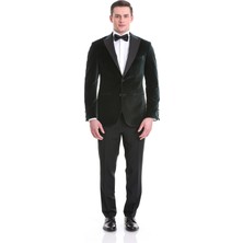 Hatem Saykı Yeşil Slim Fit Düz Sivri Yaka Kadife Klasik Smokin Damatlık