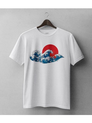 Buzagi Japon Güneşi ve Dalgalar Oversize Kalıp Dijital Baskılı Beyaz Tişört