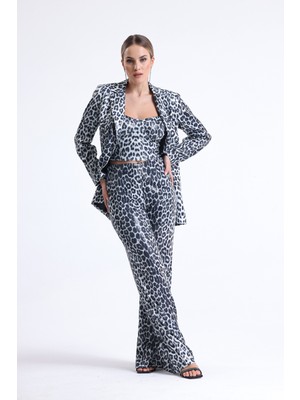 Sense Geniş Paçalı Payet Pantolon | PNT32440 Siyah Gümüş Leopar
