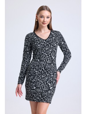 Sense Uzun Kol Jakarlı Mini Elibise Elb35094 Ekru Siyah