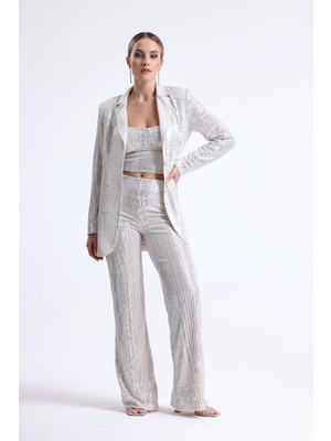 Sense Beli Lastikli  Payet Abiye Pantolon | PNT35233 Bej
