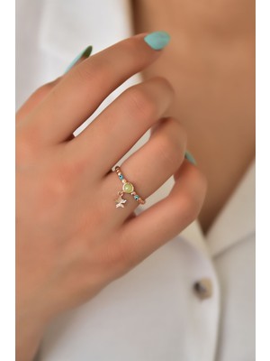 Sinsirella 925 Ayar Gümüş Yüzük Yeşil Ay Taşlı Yıldız Motifli Mineli Gözlü Ayarlanabilir Kadın Yüzük