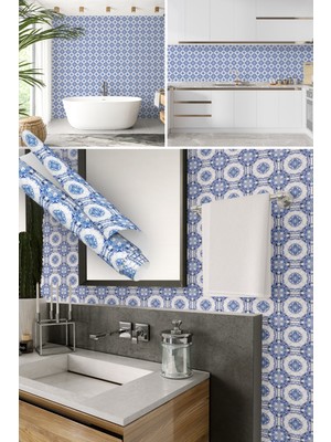 Dekoros Mavi Dairesel Mozaik Desenli Kendinden Yapışkan Folyo, Mutfak, Tezgah, Masa, Dolap Kaplama Folyosu, Isıya Dayanıklı, Su Geçirmez, Yapışkan Folyolar, Sticker, Büyük Ebatlı, Dekoros