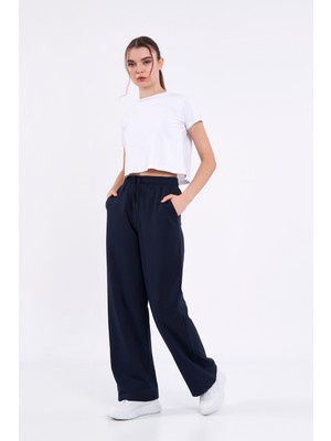 Comeor Mevsimlik Salaş Geniş Rahat Paça Lacivert Yandan Cepli Kadın Eşofman Altı