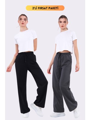 Comeor Siyah-Antrasit Mevsimlik Salaş Geniş Rahat Paça Yandan Cepli Kadın 2'li Eşofman Altı
