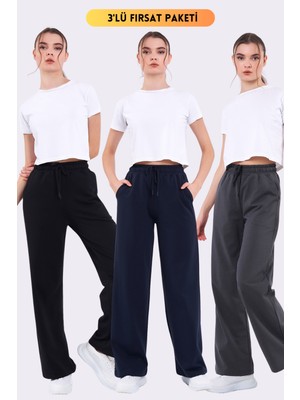 Comeor Siyah-Lacivert-Antrasit Mevsimlik Salaş Geniş Rahat Paça  Yandan Cepli Kadın 3'lü Eşofman Altı