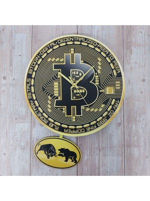 CajuArt Bitcoin Temalı Sallanan Sarkaçlı Ahşap Duvar Saati Hediye