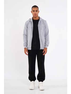 Comeor Gri Kanguru Cepli Kapüşonlu Fermuarlı İçi Pamuklu Erkek Sweatshirt