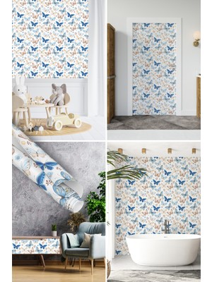 Dekoros Pastel Mavi Tonlarda Kelebek Desenli Yapışkanlı Folyo, Soft Suluboya Görünümlü, Mat Tezgah, Masa, Dolap Kaplama Folyosu, Su Geçirmez, Yapışkan Folyolar, Sticker, Büyük Ebatlı, Dekoros