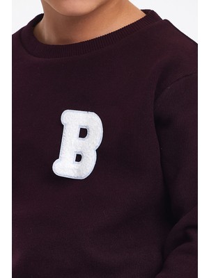 Mrs & Kids 3D Nakışlı Mürdüm Yünlü Ve Pamuk Kışlık Bisiklet Yaka Çocuk Erkek Sweatshirt