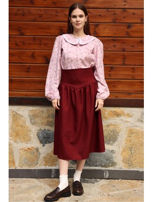 Küçüğüm Butik Vintage Kalın Kemerli Bordo Yün Efekt Etek