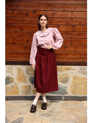 Küçüğüm Butik Vintage Kalın Kemerli Bordo Yün Efekt Etek