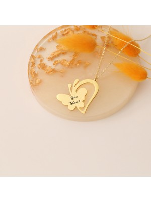 Nox Jewelry 925 Ayar Gümüş Kişiye Özel Kalp Detaylı Kelebek Kolye