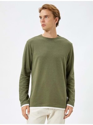 Koton Uzun Kollu Tişört Basic Bisiklet Yaka - Koton - 4WAM10102HK - Haki - S