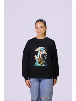 Hgm Collection Deniz Feneri Temalı Özel Tasarım Crop Sweatshirt