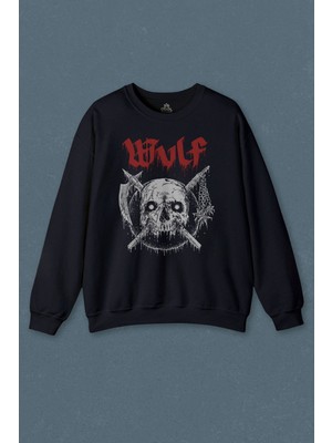 So Cool Lacivert Sweatshirt Wulf Metal Rock Band Skull Kuru Kafa Urban Gothic Baskılı Unisex Sweat