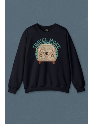 So Cool Lacivert Sweatshirt Travel More Woswos Retro Hippi 60S 70S Baskılı Unisex Sweat