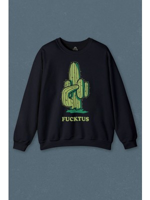 So Cool Lacivert Sweatshirt Kaktüs Orta Parmak Fxcktus Baskılı Unisex Sweat