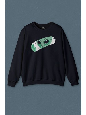 So Cool Lacivert Sweatshirt Ufo Uzaylı Yeşil E.t. Nasa Gezegen Baskılı Unisex Sweat