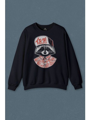 So Cool Lacivert Sweatshirt Raccoon Gömlekli Rakun Silüeti Baskılı Unisex Sweat