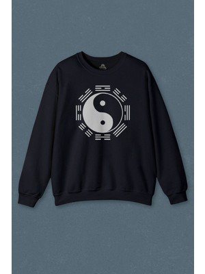 So Cool Lacivert Sweatshirt Siyah ve Beyaz Ying Yang Pokemon Minimal Baskılı Unisex Sweat