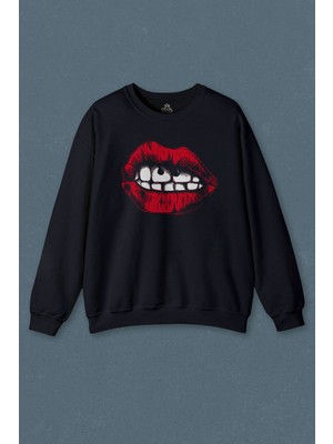 So Cool Lacivert Sweatshirt  Dudaklar Sexy Piercing Kadın Ağzı Baskılı Unisex Sweat