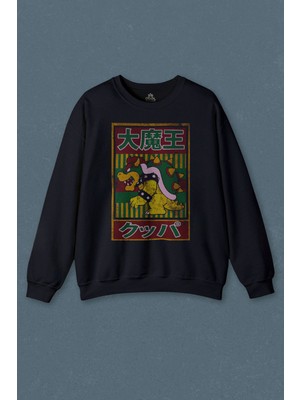 So Cool Lacivert Sweatshirt Super Mario Bowser Japanese Poster Baskılı Unisex Sweat