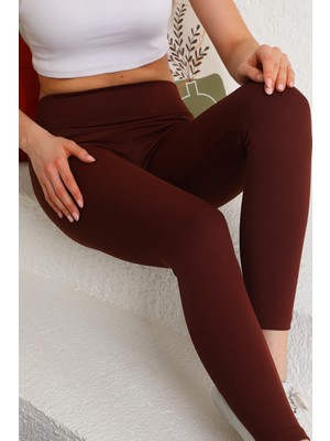 Nisanca Kışlık Şardonlu Toparlayıcı Yüksek Bel Fitilli Örme Spor Tayt