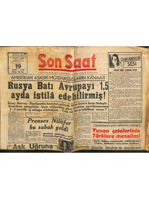 Gökçe Koleksiyon Son Saat Gazetesi 19 Mart 1948 - Rusya Batı Avrupayı 1,5 Ayda Istila Edebilirmiş  GZ71362