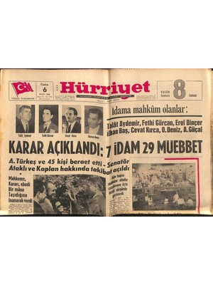 Gökçe Koleksiyon Hürriyet Gazetesi 6 Eylül 1963 - A. Türkeş ve 45 Kişi Beraet Etti . Senatör Ataklı ve Kaplan Hakkında Takibat Açıldı  GZ72007