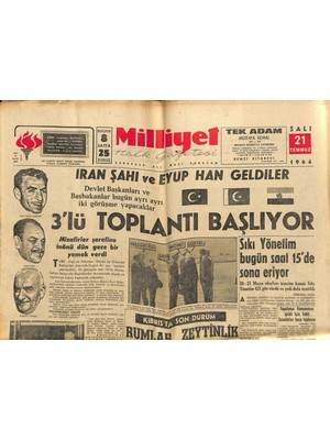 Gökçe Koleksiyon Milliyet Halk Gazetesi 21 Temmuz 1964 -  Times  Rauf Orbay Için Yazı Yayınladı - Iran Şahı ve Eyüp Han Geldiler GZ121423