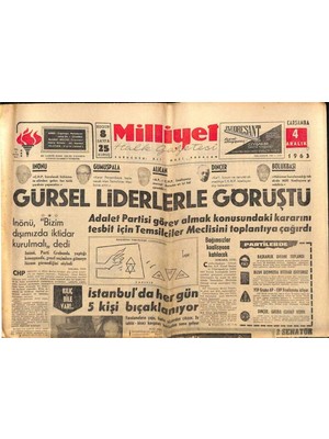 Gökçe Koleksiyon Milliyet Halk Gazetesi 4 Aralık 1963 - Inönü  Bizim Dışımızda Iktidar Kurulmalı  Dedi  GZ91599