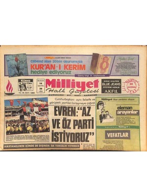 Gökçe Koleksiyon Milliyet Halk Gazetesi 20 Haziran 1983 - Kira Yasası Önerisi Komisyonda Takıldı - Evren   Az ve Öz Parti Istiyoruz  GZ126796