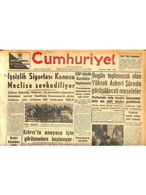 Gökçe Koleksiyon Cumhuriyet Gazetesi 7 Mart 1960 - Margaretin Nişanlısına  Marki  Ünvanı Verilecek - Işsizlik Sigortası Kanunu Meclise Sevkediliyor  GZ120022