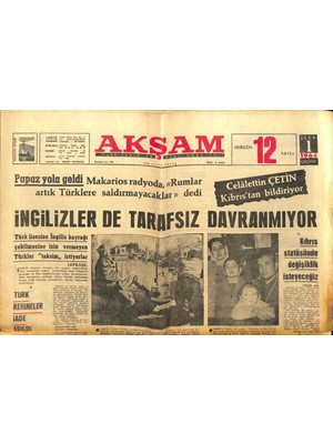 Gökçe Koleksiyon Akşam Gazetesi - 1 Ocak 1964 - Makarios Rumlar Artık Türklere Saldırmayacak Dedi   GZ99744