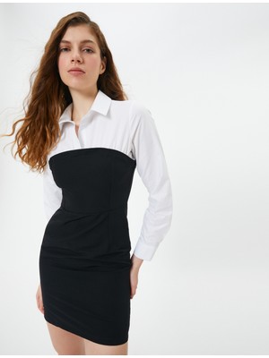 Koton Gömlek Detaylı Mini Straplez Elbise Slim Fit Uzun Kollu