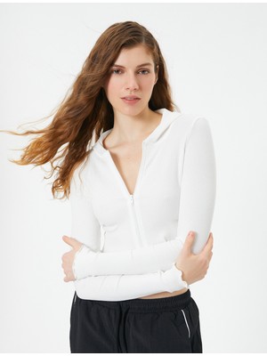 Koton Crop Kapüşonlu Hırka Fermuarlı Uzun Kollu Slim Fit Kaşkorse
