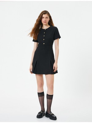 Koton Mini Tüvit Elbise Altın Düğme Detaylı Pileli